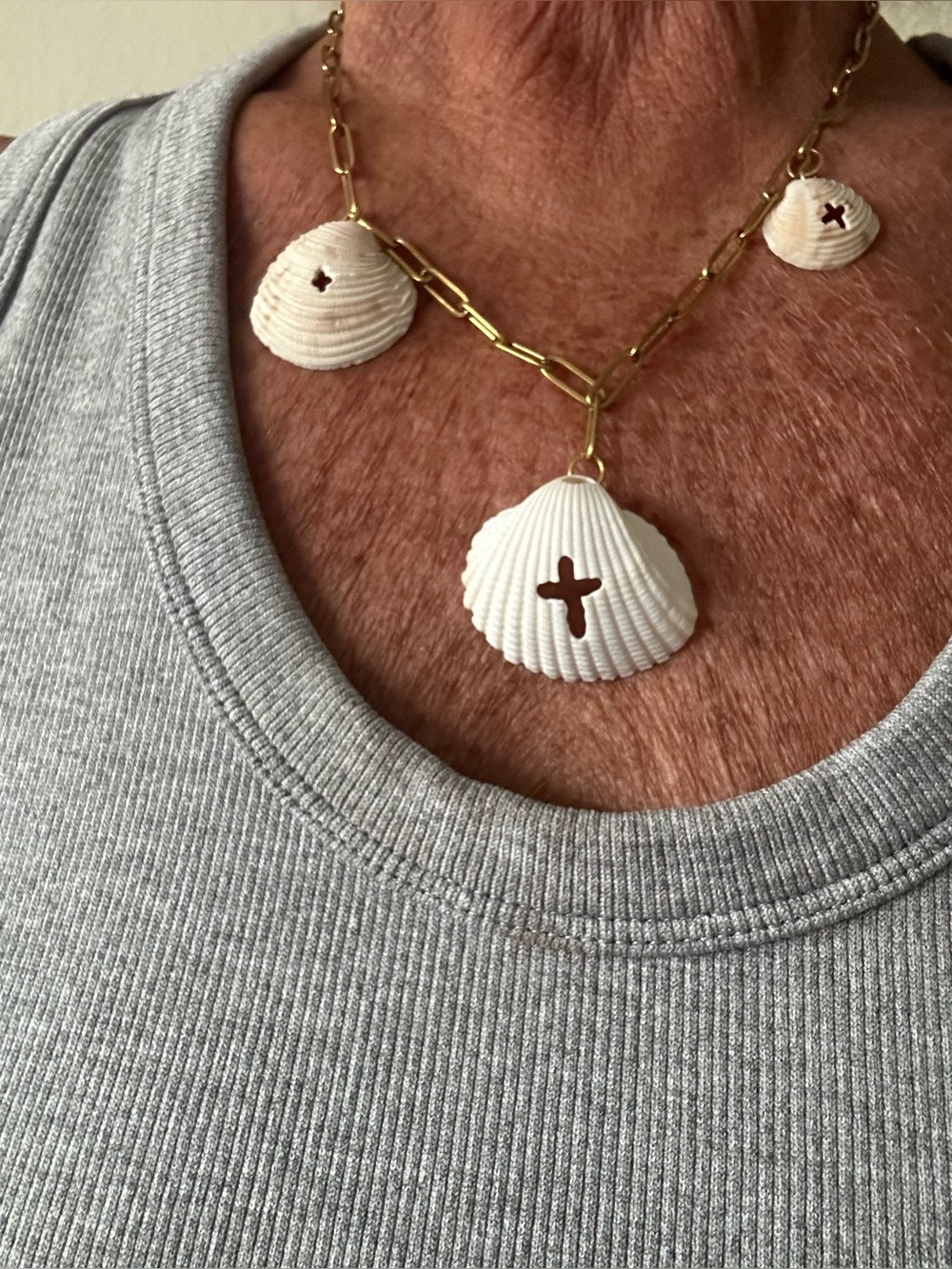 Gold Chain Necklace with White Shell Cross Pendants